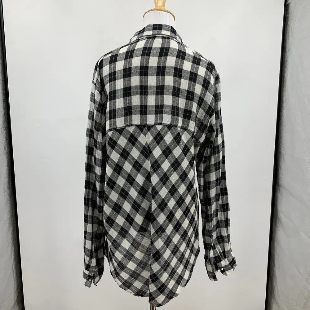 Free People Shirt Womens M Medium Black White Plaid Lace Up Shoulder Snap Button